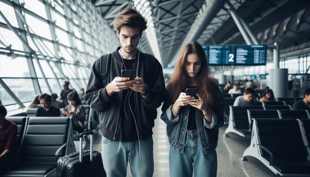 couple at airport looking in their mobile phones