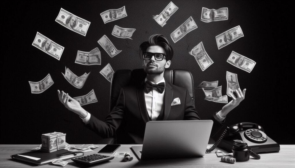 content creator sitting with his laptop and money dollar bills falling on his head